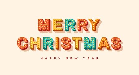 Merry Christmas and Happy New Year card or banner with colorful typography design. illustration with retro light bulbs font.のイラスト素材
