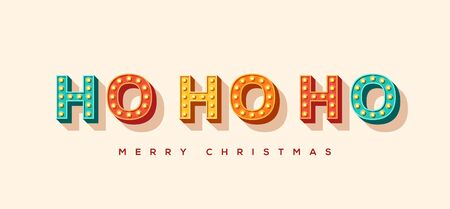 Ho ho ho and Merry Christmas card or banner with colorful typography design. illustration with retro light bulbs font.のイラスト素材