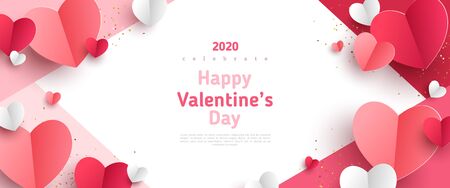 Valentine's day concept frame.  3d red and pink paper hearts on geometric background. Cute love sale banner or greeting cardのイラスト素材