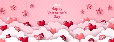 Happy Saint Valentine's day card, horizontal banner with paper cut clouds and holiday objects on pink background. Glittering hearts, stars and flowers. Place for textのイラスト素材