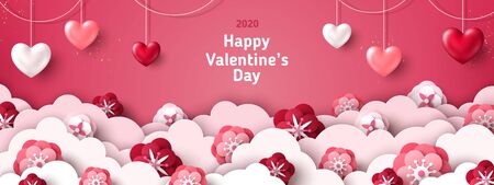 Happy Saint Valentine's day card, horizontal banner with paper cut clouds and holiday objects on pink background. Glittering hearts, stars and flowers. Place for textのイラスト素材