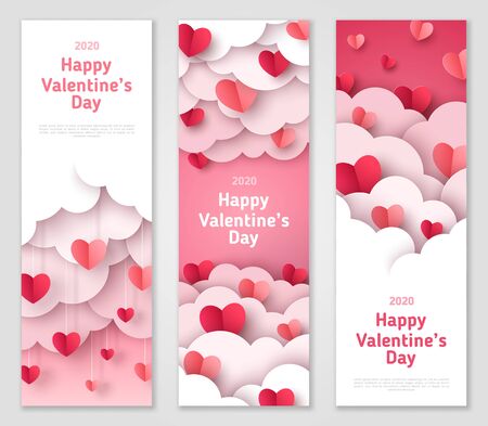 Happy Valentine's Day vertical banners set with paper cut clouds and hearts. Vector illustration. Holiday bright greeting cards, love creative concept, gift voucher, invitation. Place for text.のイラスト素材