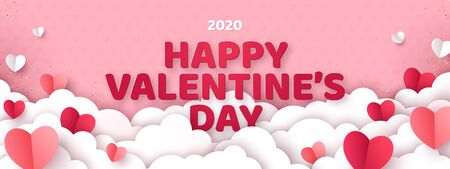Valentine's day concept background. Vector illustration. 3d red and pink paper cut hearts with white clouds. Cute love sale banner or greeting cardのイラスト素材