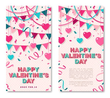 Happy Valentines Day vertical banners set with typography design. Vector illustration with retro light bulbs font, streamers, confetti and hanging hearts and flag garlands.のイラスト素材