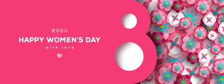 Women's Day greeting card or banner with eight shaped frame and paper cut flowers. Vector illustration. Place for text. March 8 holiday.のイラスト素材