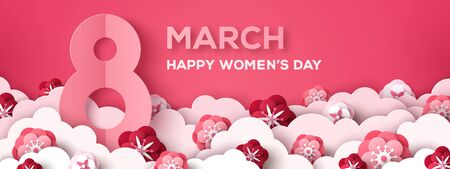 Women's Day horizontal greeting card or banner with eight sign and paper cut clouds and flowers on pink background. Vector illustration. Place for your text.のイラスト素材