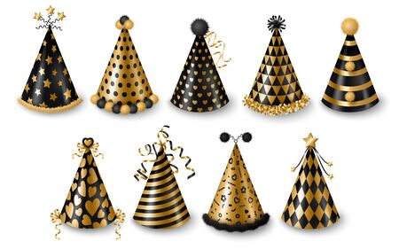 Set of gold and black party hats isolated on white background, New year and Carnival celebration elements. Vector illustration. Modern colored caps with patterns, funny holidays designのイラスト素材