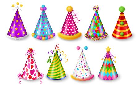 Set of party hats isolated on white background, New year and Carnival celebration elements. Vector illustration. Colorful caps with patterns, funny holidays designのイラスト素材