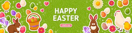 Happy Easter Green Horizontal Banner. Vector Illustration. Spring Holiday Background, Place for Text. Flat Icons - Chicken, Rabbit, Flowers and Eggsのイラスト素材
