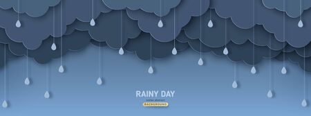 Overcast sky with rain drops in paper cut style. Vector illustration. Rainy day concept with dark clouds.のイラスト素材