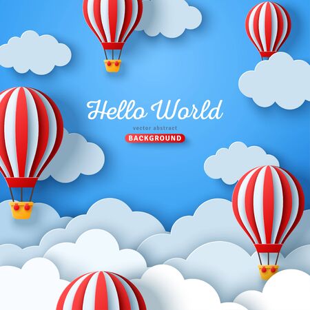 Beautiful fluffy clouds on blue sky background with hot air balloons. Vector illustration. Paper cut style. Place for text. Travel and adventure conceptのイラスト素材