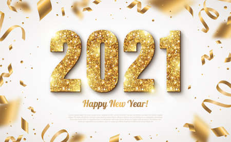 Happy New Year Banner with Gold 2021 Numbers on Bright Background with Flying Confetti and Streamers. Vector illustrationのイラスト素材