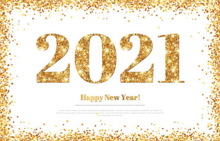 Happy New Year 2021 Greeting Card with Gold Numbers and Confetti Frame on White Background. Vector Illustration. Merry Christmas Flyer or Poster Designのイラスト素材