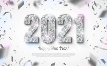 Happy New Year Banner with Silver 2021 Numbers on Bright Background with Flying Confetti and Streamers. Vector illustrationのイラスト素材