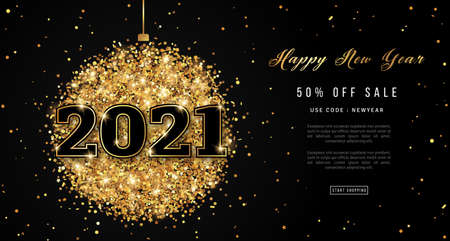 Happy New Year 2021 Greeting Card with Numbers. Christmas Ball with Texture of Golden Dust on White Background. Vector Illustration.のイラスト素材