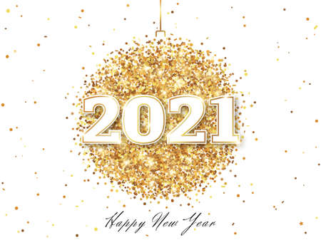Happy New Year 2021 Greeting Card with Numbers. Christmas Ball with Texture of Golden Dust on White Background. Vector Illustration.のイラスト素材