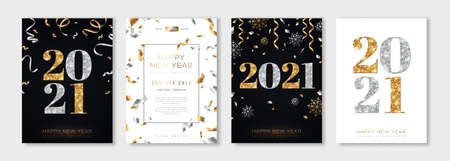 Christmas and New Year posters set with gold and silver confetti and 2021 numbers. Vector illustration. Winter holiday invitations with snowflakes and streamersのイラスト素材