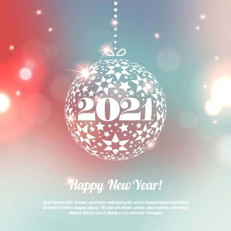 New Year 2021 Greeting Card with ball in minimalistic style. Colorful bokeh abstract background with circles of light. Invitation with place for text message. Vector illustration.のイラスト素材