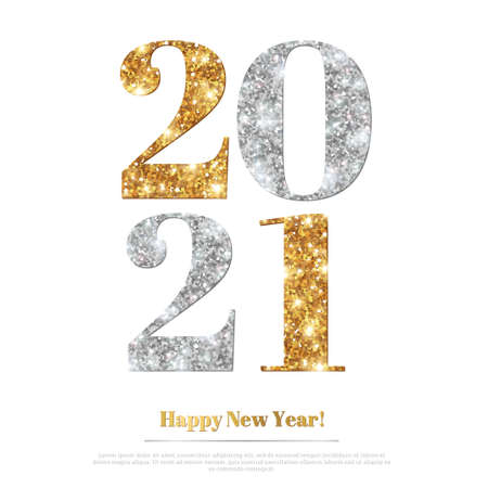 Happy New Year 2021 Greeting Card with Gold and Silver Numbers. Vector Illustration. Merry Christmas Flyer Design, Brochure Cover, Poster, Minimalistic Invitationのイラスト素材