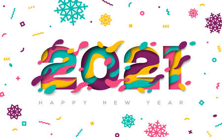 Happy New Year 2021 typography design with abstract paper cut shapes and confetti with snowflakes. Vector illustration.のイラスト素材