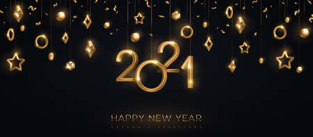 2021 gold numbers with stars and baubles hanging on black background. Vector illustration. Minimal invitation design for Christmas and New Year. Winter holiday decorationsのイラスト素材