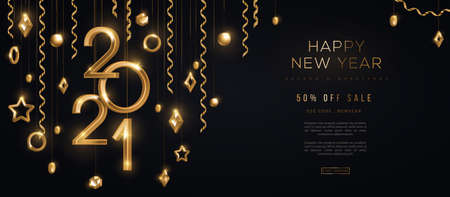 Christmas and New Year banner with hanging gold 3d baubles and 2021 numbers on black background. Vector illustration. Winter holiday geometric decorations and streamers. Place for textのイラスト素材