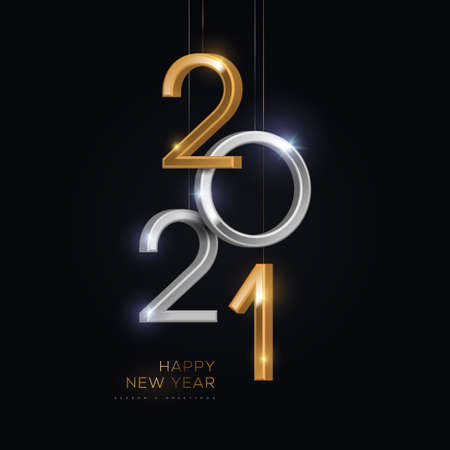 2021 silver and gold numbers hanging on black background. Vector illustration. Minimal invitation design for Christmas and New Year.のイラスト素材