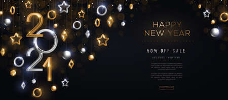 2021 silver and gold numbers with crystal baubles hanging on black background. Vector illustration. Minimal invitation design for Christmas and New Year. Winter holiday decorationsのイラスト素材