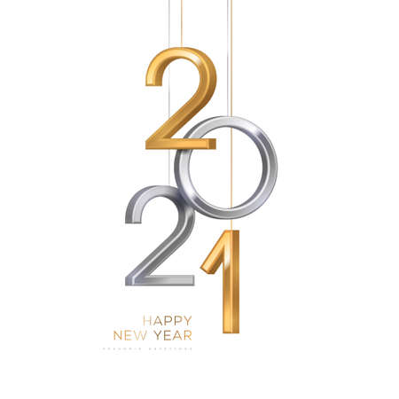 2021 silver and gold numbers hanging on white background. Vector illustration. Minimal invitation design for Christmas and New Year.のイラスト素材