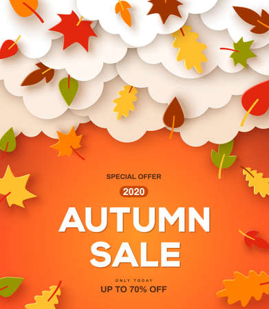 Autumn sale orange background with paper cut clouds and leaves. Shopping sale frame design, promo poster. Vector illustration. Layout template with place for text, leaflet or web banner.のイラスト素材