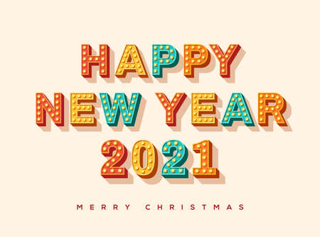Happy New Year 2021 card or banner with colorful typography design. Vector illustration with retro light bulbs font on white background.のイラスト素材