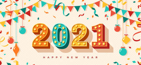 Happy New Year 2021 card or banner with typography design. Vector illustration with retro light bulbs font, streamers, confetti and hanging baubles.のイラスト素材