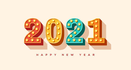 2021 card or banner with typography design. Vector illustration. Numbers of retro light bulbs font. Minimal invitation for Merry Christmas and Happy New Year.のイラスト素材