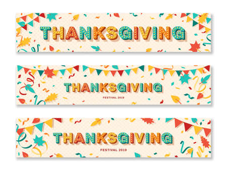 Happy Thanksgiving horizontal card or banners with typography design. Vector illustration with retro light bulbs font, streamers, confetti and hanging flag garlandsのイラスト素材