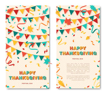 Happy Thanksgiving vertical card or banner with typography design. Vector illustration with retro light bulbs font, streamers, confetti and hanging flag garlandsのイラスト素材
