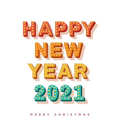 Happy New Year 2021 card or banner with colorful typography design. Vector illustration with retro light bulbs font on white background.のイラスト素材