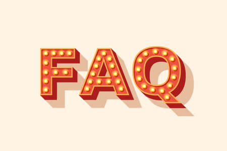 FAQ vector lettering, red typography with light bulbs. Signboard banner, design element. Casino style text isolated on white background. Concept for frequently asked questions, instructions and rulesのイラスト素材