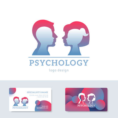 Human head with inner child inside. Vector illustration. Psychology logo concept. Man and woman silhouettes for psychotherapy design. Business cards template with place for textのイラスト素材
