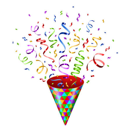 Party popper with confetti and serpantine salute isolated on white. Vector illustration. Colorful cracker for celebration event design. Birthday and New Year congratulations surprise.のイラスト素材