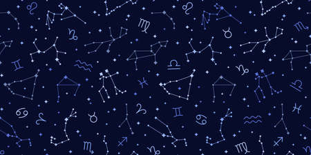 Seamless pattern of blue zodiac signs. Vector illustration. Capricorn, Aries, Leo astrological symbols. Connected glowing stars on night sky map background. Libra, Virgo, Gemini on space backdropのイラスト素材