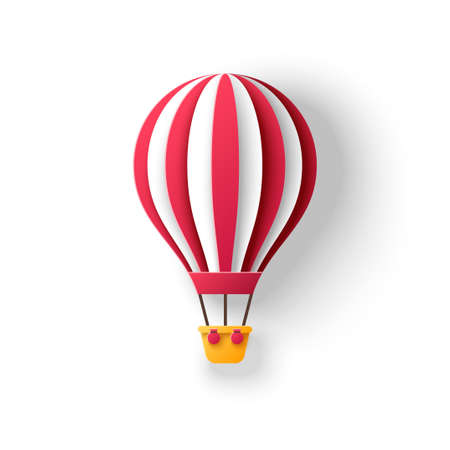 Hot air balloon in paper cut style with red stripes. Travel and explore 3d icon isolated on white background for kids birthday party design. Romantic adventure for honeymoon.のイラスト素材