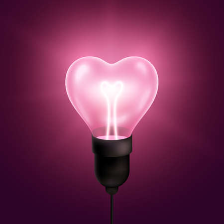 Pink light bulb heart shaped with wire and filament. Vector illustration. Happy Valentines day technology poster with realistic glowing lamp.のイラスト素材