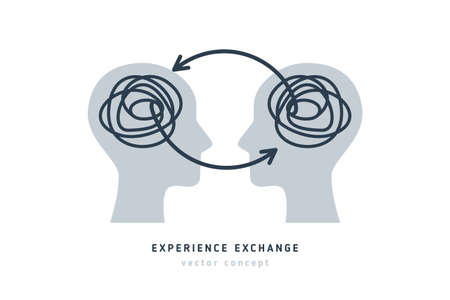 Human heads with scribble lines. Experience and knowledge exchange concept. Vector illustration. Brain as tangled knot. Dialog or dispute infographics, business project developmentのイラスト素材