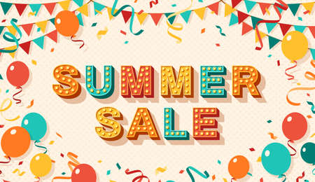 Summer Sale greeting card with retro typography design. Vector illustration. 3d colorful letters with vintage light bulbs. Streamers, confetti, balloons and hanging bunting.のイラスト素材
