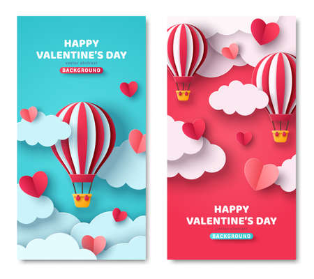 Set of vertical banners with hot air balloon, hearts and paper cut clouds. Romantic design for honeymoon trip. Place for text. Happy Valentines day sale voucher template with hearts.のイラスト素材