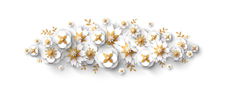 Spring border with white paper cut flowers and golden leaves isolated on bright background. Vector illustration.のイラスト素材