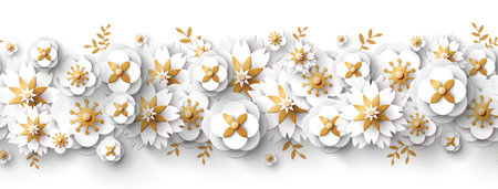 Spring seamless border with white paper cut flowers and golden leaves isolated on bright background. Vector illustration.のイラスト素材