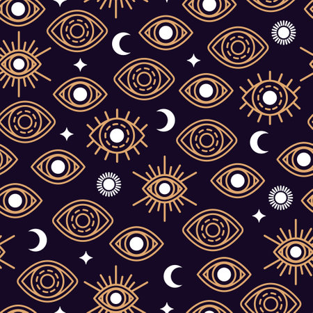 Seamless Pattern with Eye, Moon and Sun. Vector illustration. Golden Alchemy Symbols, Occult and Mystic Signs on Black Night Background with Stars.のイラスト素材