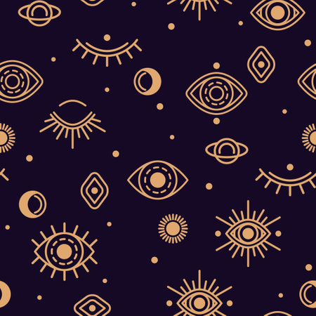 Seamless Pattern with Close and Open Eye, Moon and Sun. Vector illustration. Gold Alchemy Symbols, Occult and Mystic Signs on Black Night Background with Stars.のイラスト素材