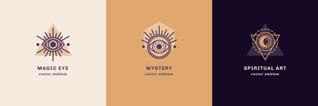 Eye, Sun and Moon abstract logo set, branding design template, trendy line art minimal style. Vector illustration. Geometric Alchemy Symbol, Occult and Mystic Sign. Secret society Symbol.のイラスト素材